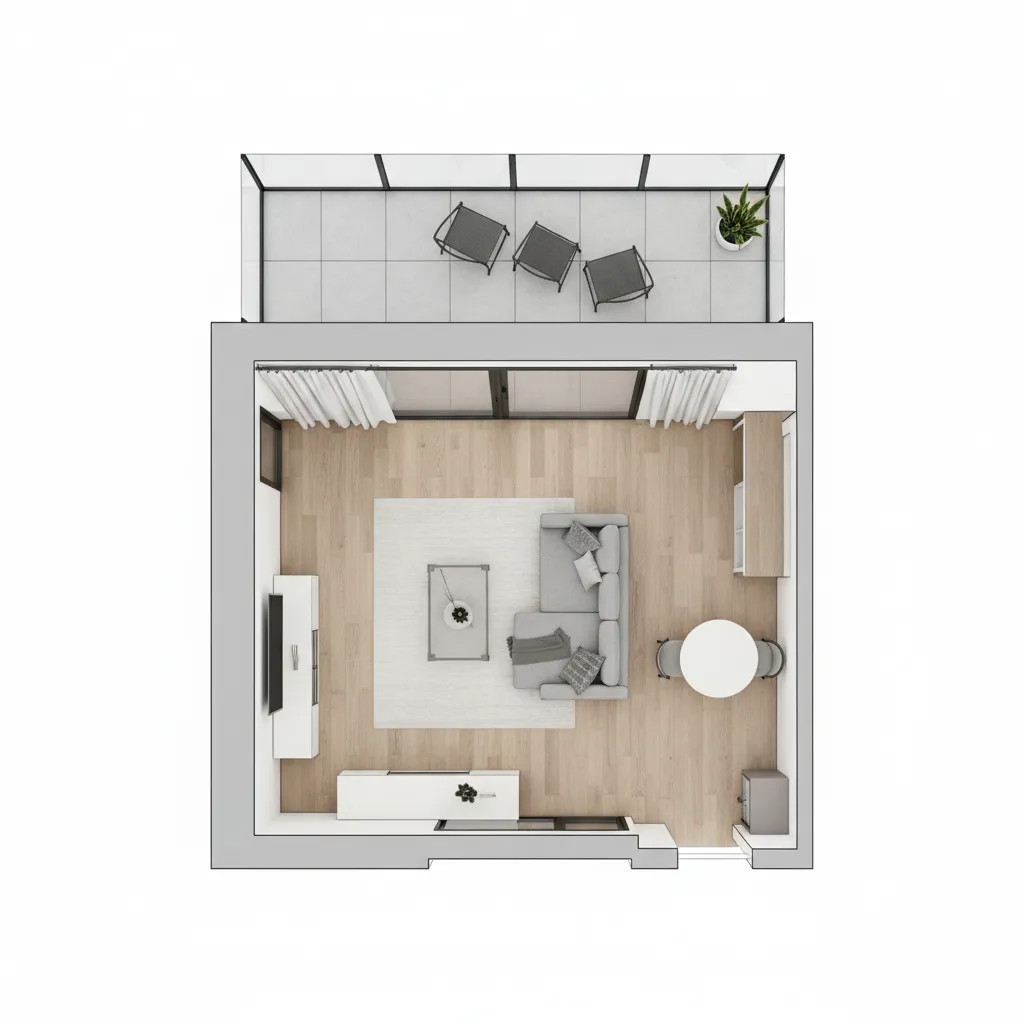 Architectural layout showing narrow balcony attached to a living room