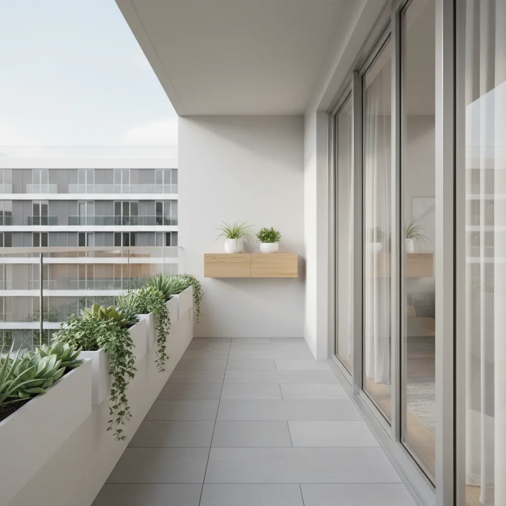 Example of a narrow apartment balcony with minimal furniture and clear walking space