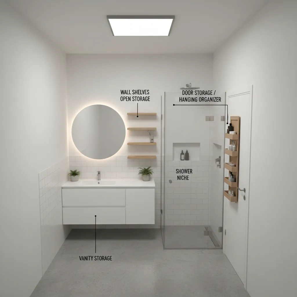 Compact bathroom layout visualization showing layered storage zones