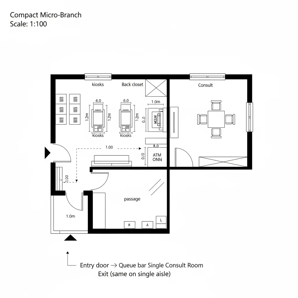 Top-down CAD plan of a compact micro-branch self-service loop
