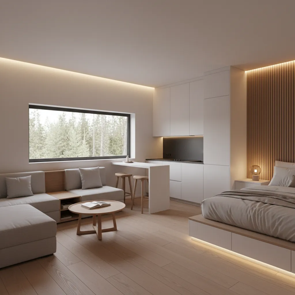 vista geral de micro casa de 30m2 com layout completo