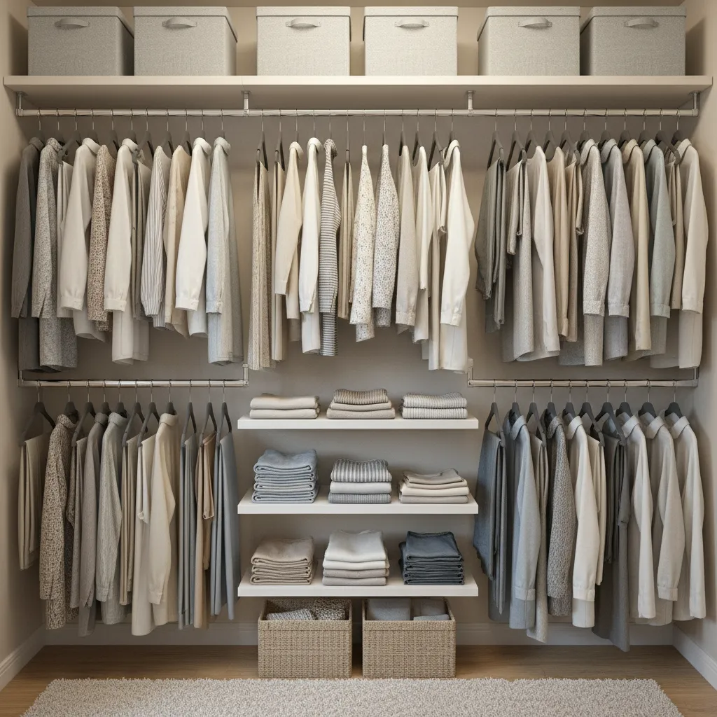 Tiny closet organized into vertical zones for hanging clothes and shelves