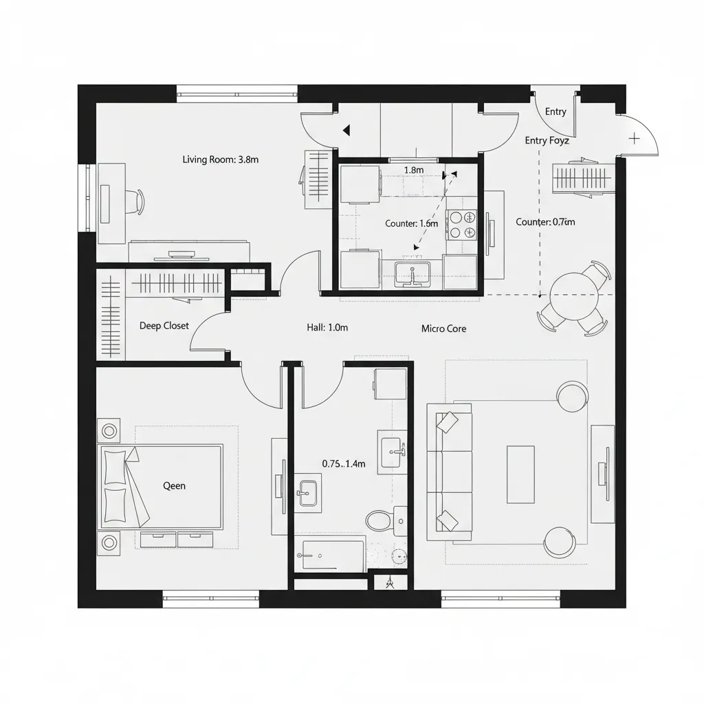 Top-down CAD floor plan of micro-core one-bedroom with central service node