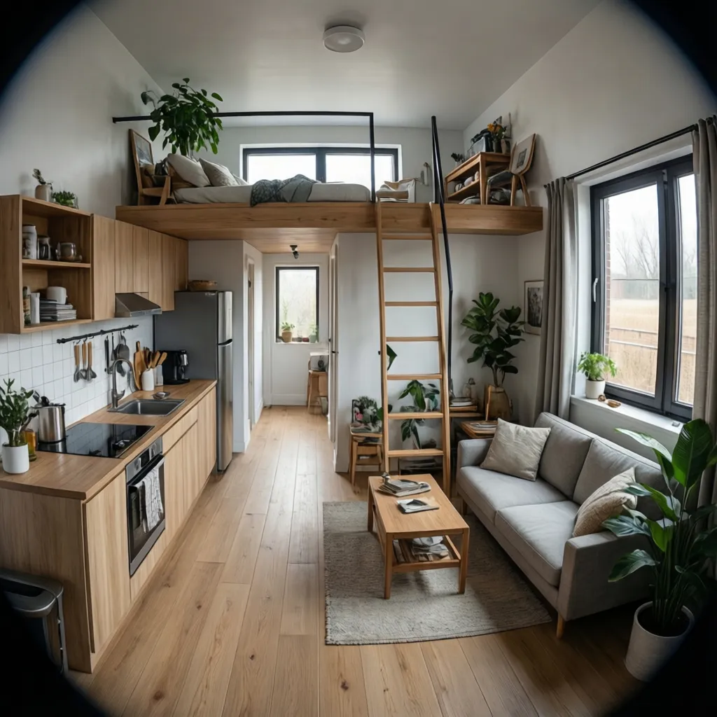 compact 120 sq ft micro home layout with kitchen wall and small seating area