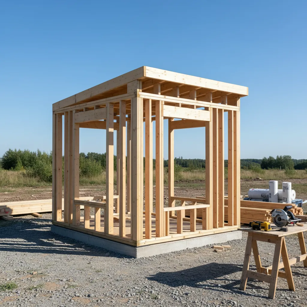small tiny house structure under construction showing compact framing