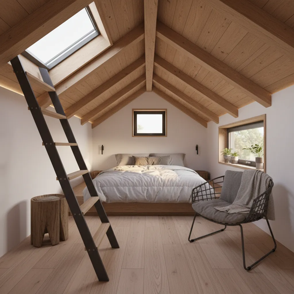 Small house loft space created under a sloped shed roof