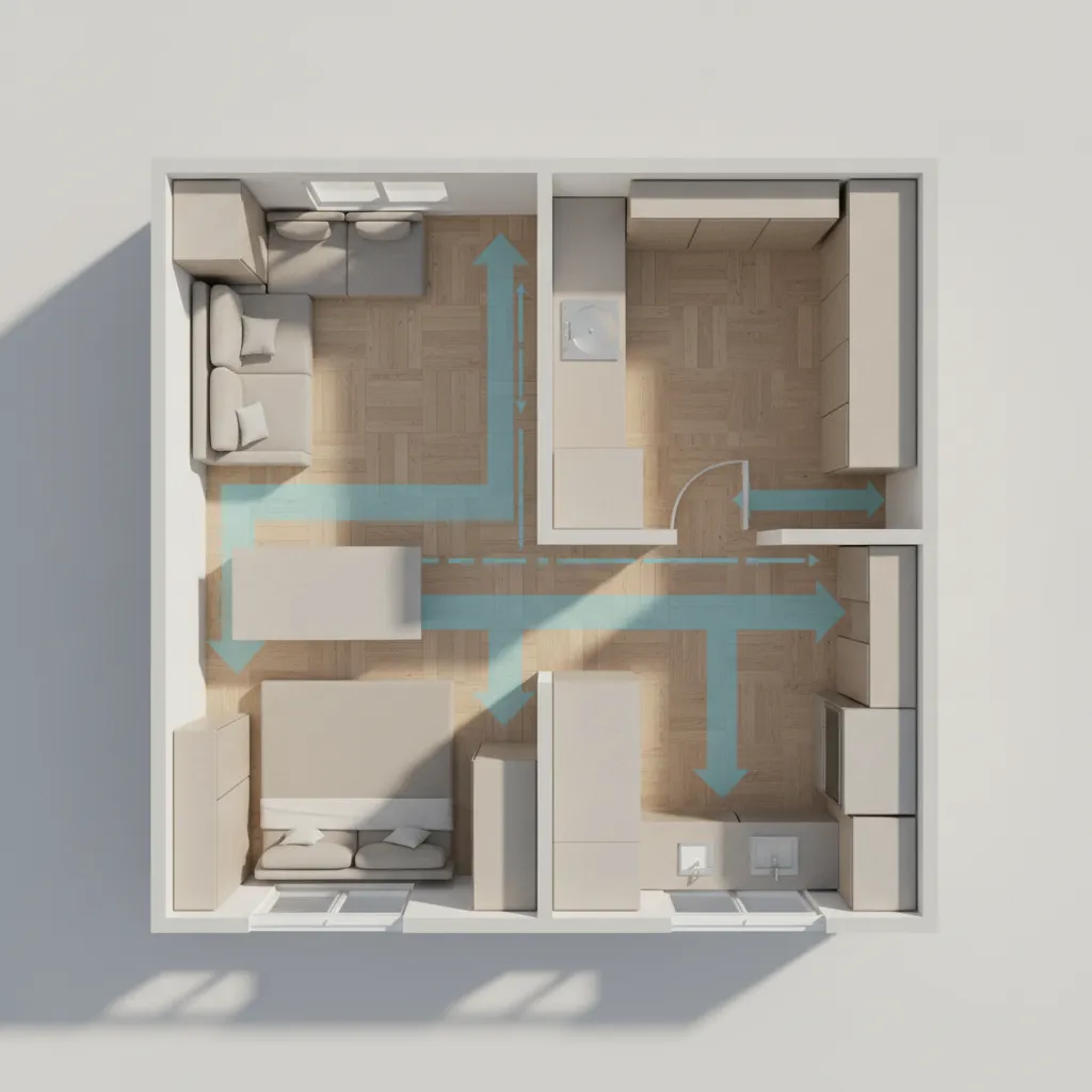3d visualization of micro apartment layout highlighting circulation paths and transformable furniture