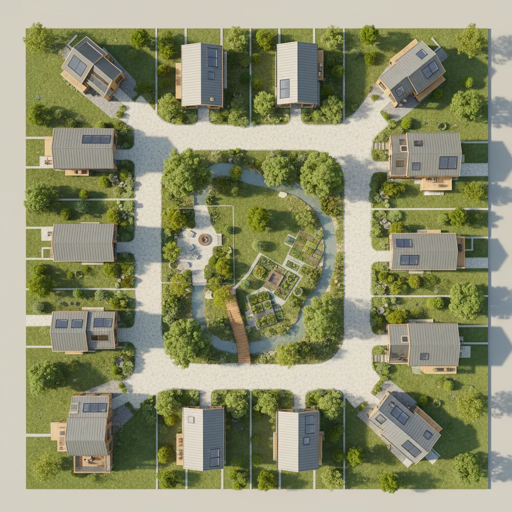 architectural site plan of tiny house neighborhood with paths and clustered homes