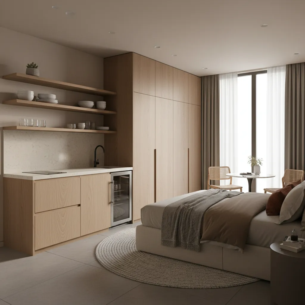 complete micro kitchen integrated neatly into a bedroom with compact appliances