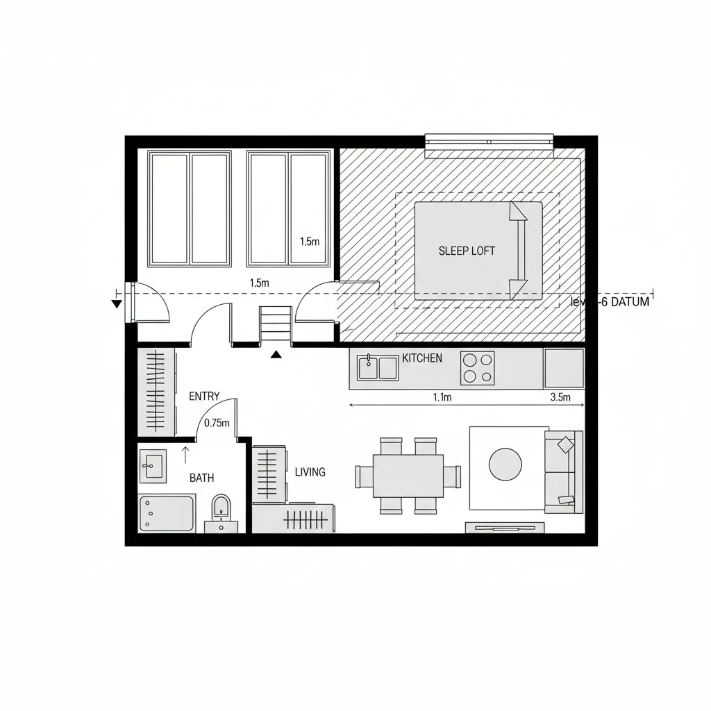 Small apartment floor plan including a sleep loft kitchen living area bathroom and dining table