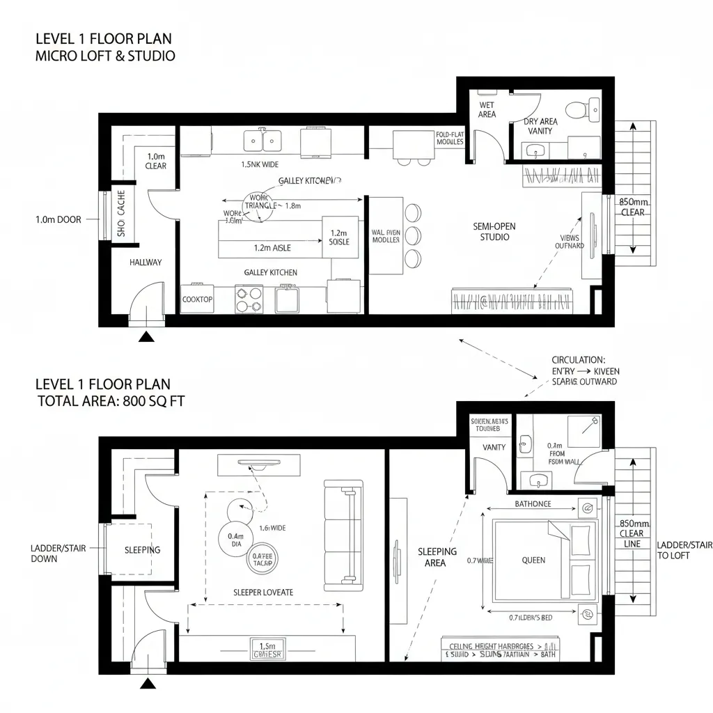2D plan showing galley kitchen, living, and flexible loft studio