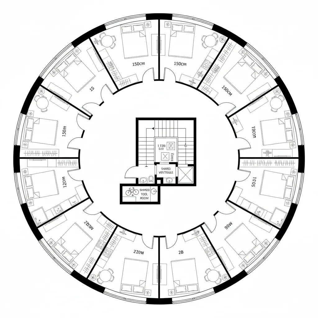 Top-down CAD plan of mixed unit matrix with ring corridor and central core