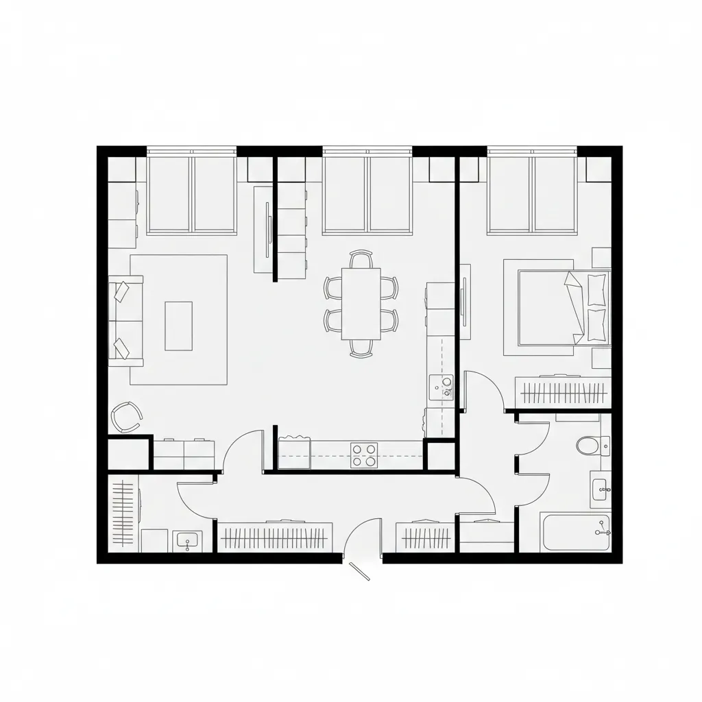 Black and white interior design drawing showing living room kitchen dining area and bedroom layout