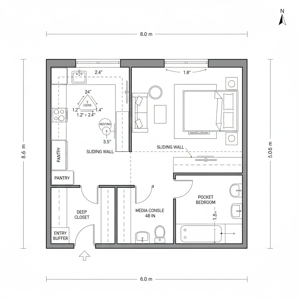 Top-down CAD plan of micro one-bed with sliding wall and galley kitchen
