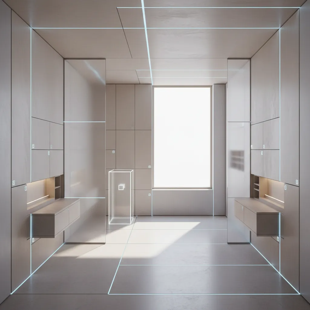 Modern interior design drawing with beige wall panels glowing blue lines cabinets and a bright window