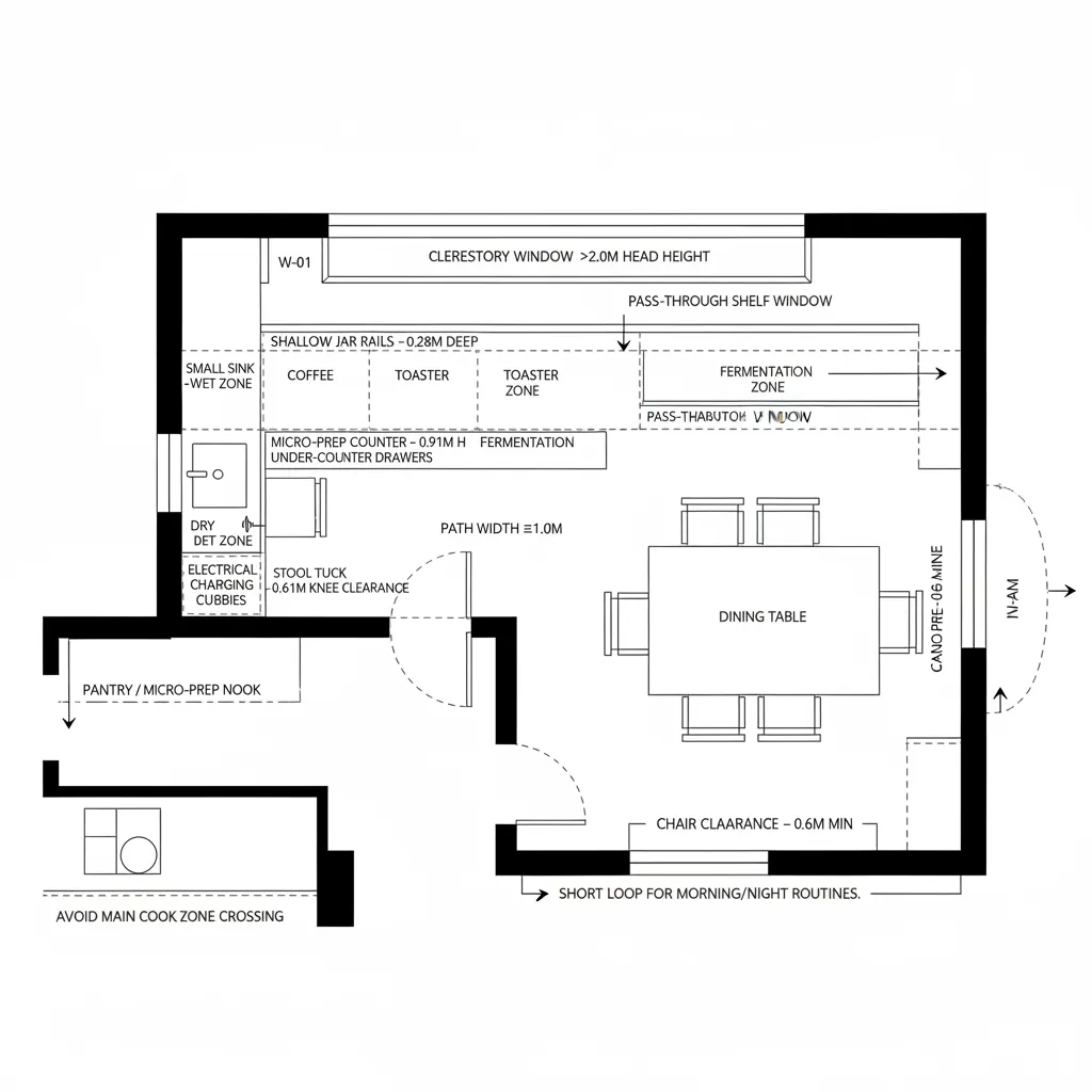 Top-down plan of compact pantry with micro-prep nook accessed from dining