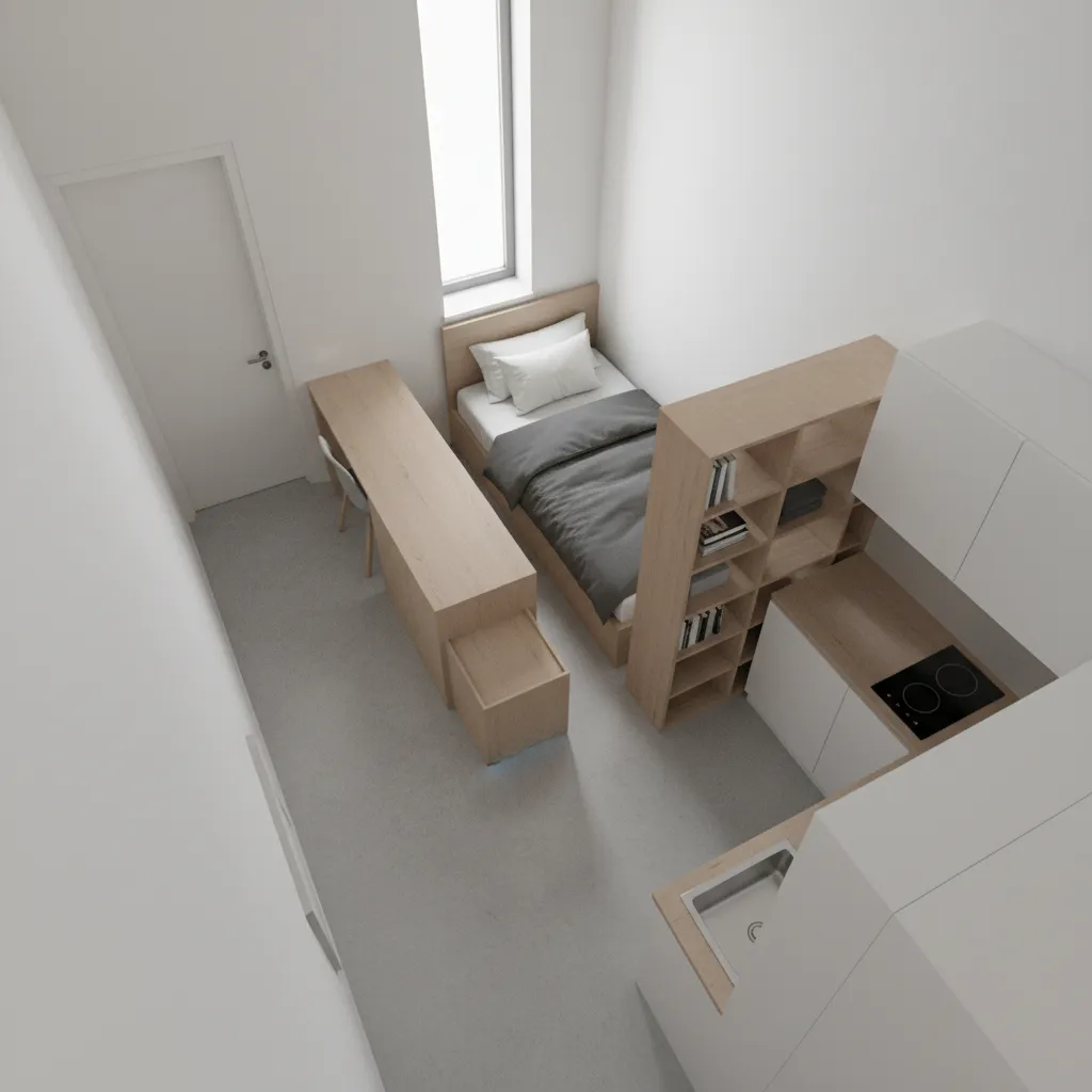 example of a poorly arranged 50 sq ft micro room with blocked circulation
