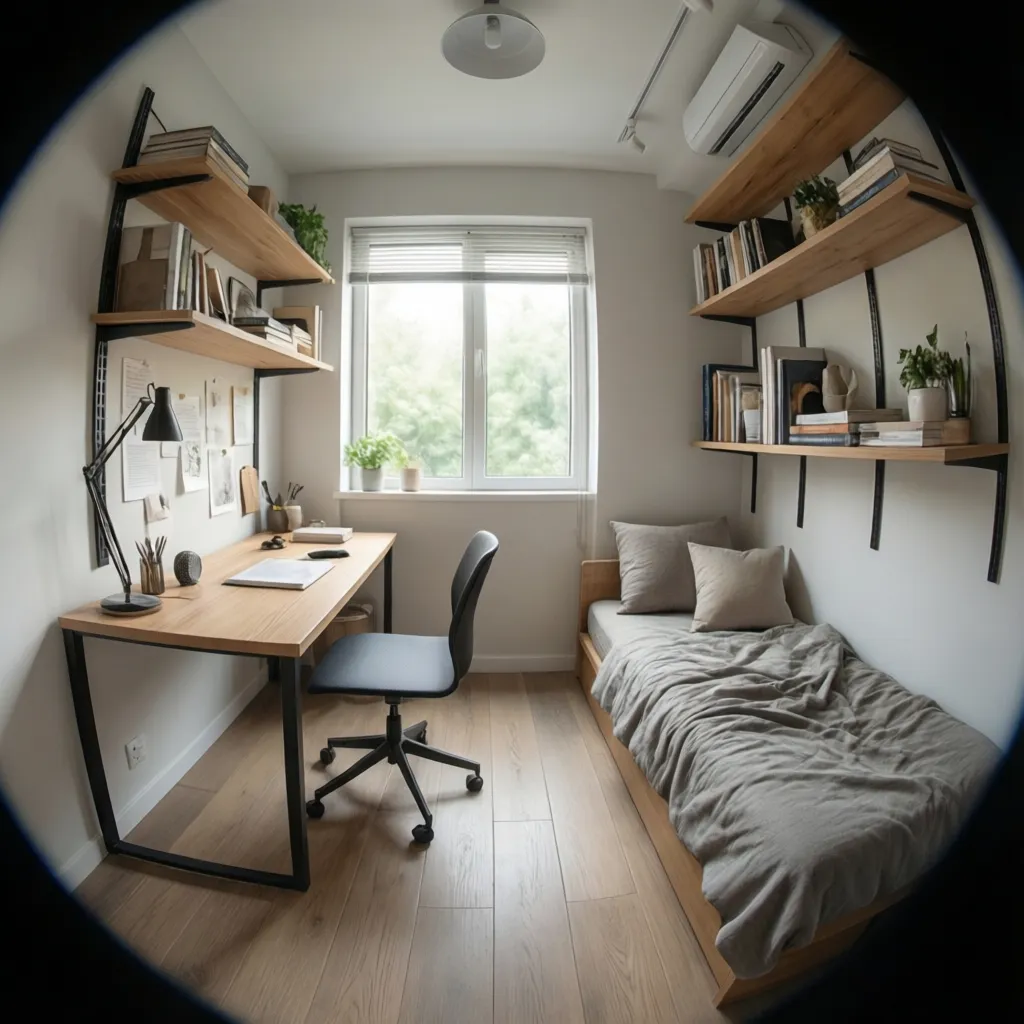 Small space zoning example with desk storage and walkway area