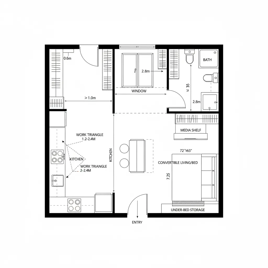 Detailed room layout for a small apartment featuring kitchen bathroom and convertible living and bed area