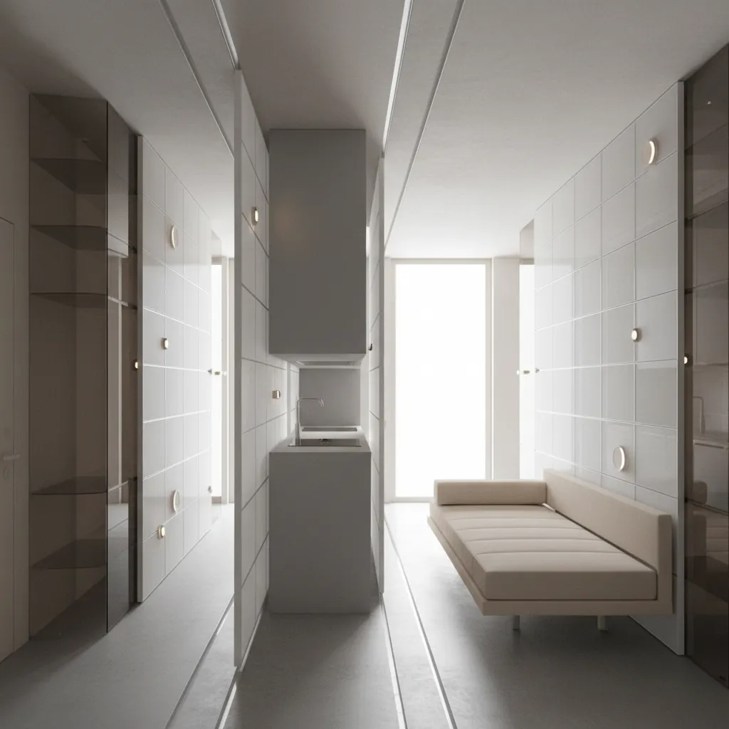 Modern white studio apartment featuring wall panels, cream sofa, small kitchen sink, and bright interior