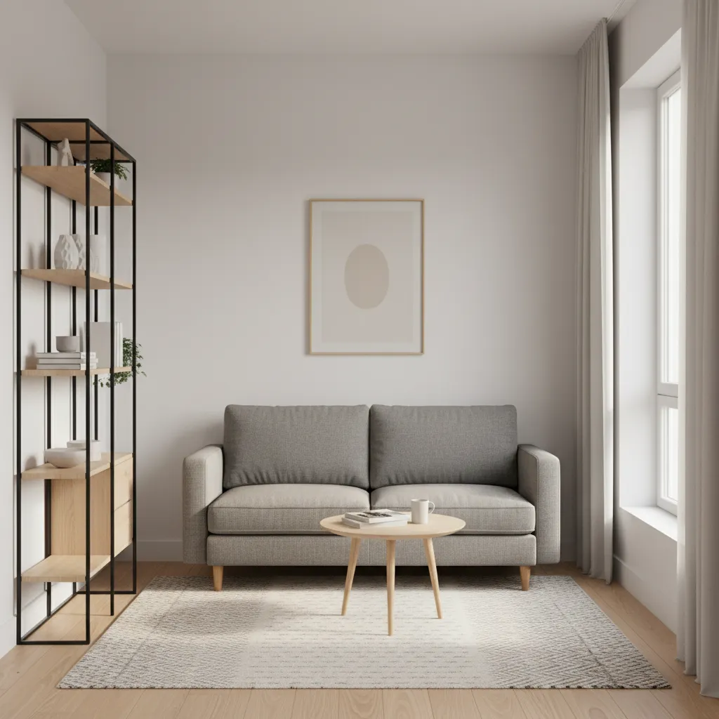 Small studio apartment living room layout with compact sofa and rug zone