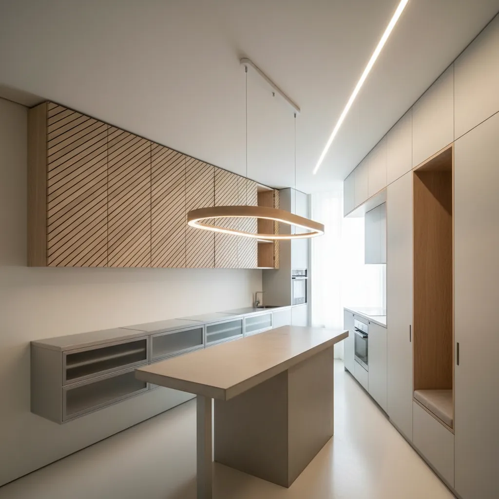 Modern minimal kitchen with wood cabinets, light fixture, kitchen island, white floor, and bright window