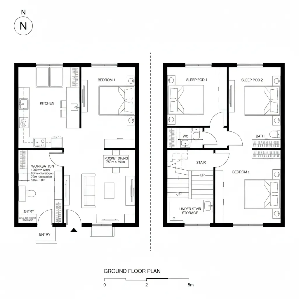 Top-down CAD plan of convertible micro studio with two compact bedrooms above