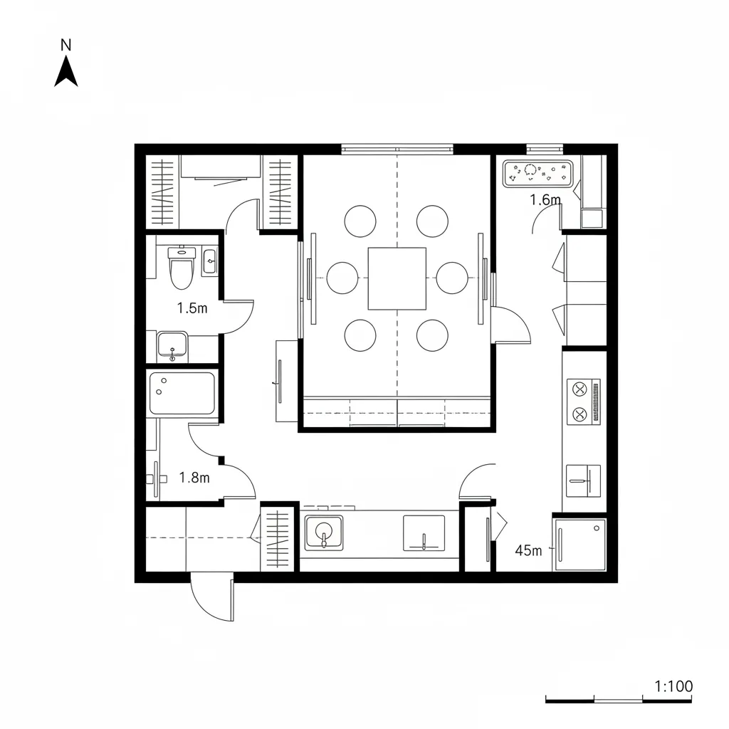 Top-down CAD floor plan with central tatami core and sliding shoji perimeter