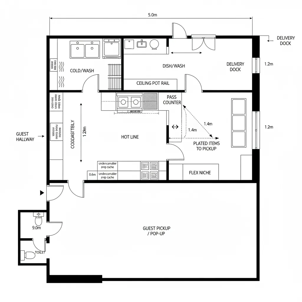 Top-down CAD plan of a micro-zoned kitchen with a flex niche for pickup or pop-up