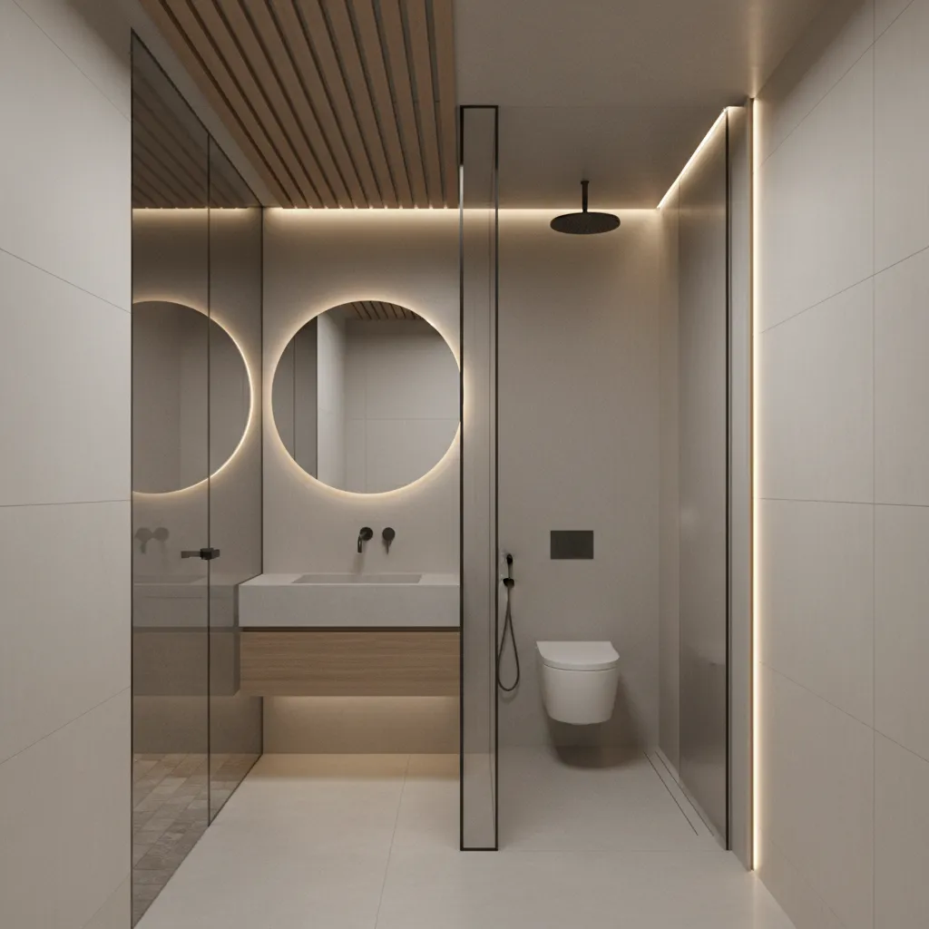 linear micro-zoned bathroom layout with sink toilet and shower zones