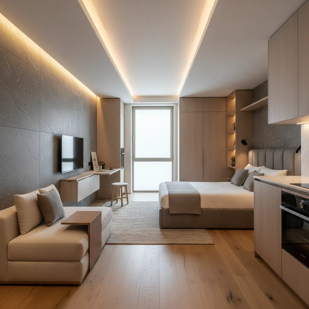 Modern small apartment interior design with bed sofa wooden floor kitchen and bright ceiling light