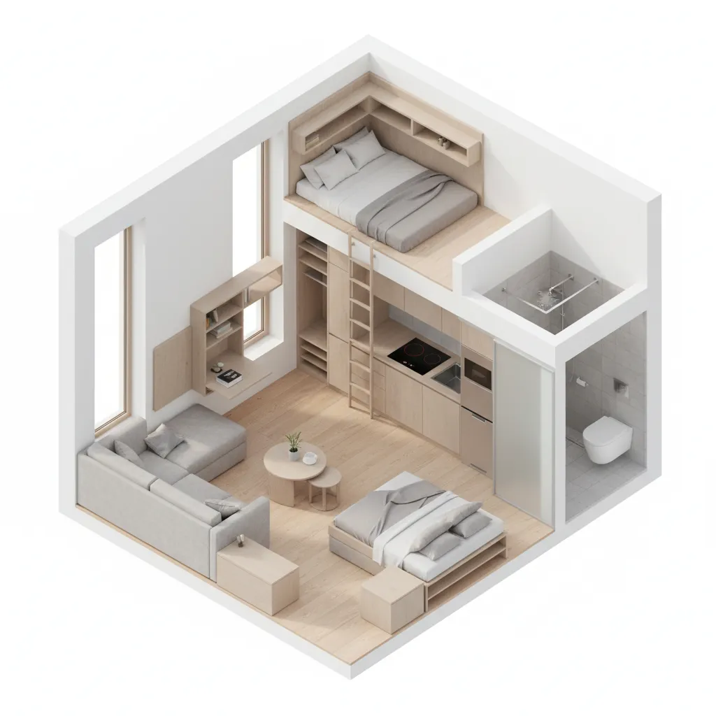 Interior design drawing of a small apartment featuring loft bed kitchen sofa and white bathroom