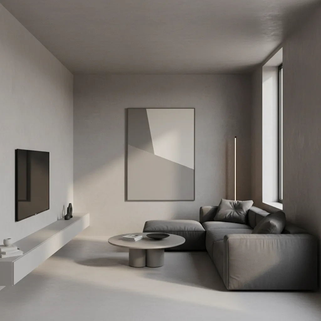 Modern small apartment interior with seamless microcement wall texture