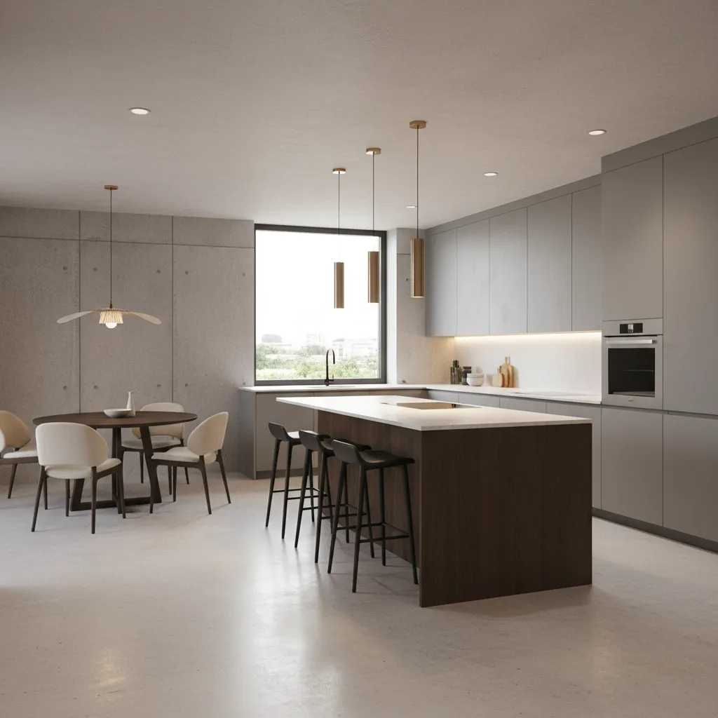 Cocina abierta con suelo de microcemento gris claro