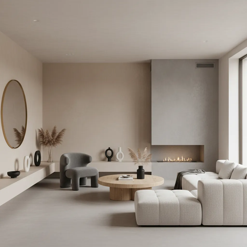 Sala moderna con suelo y paredes de microcemento continuo