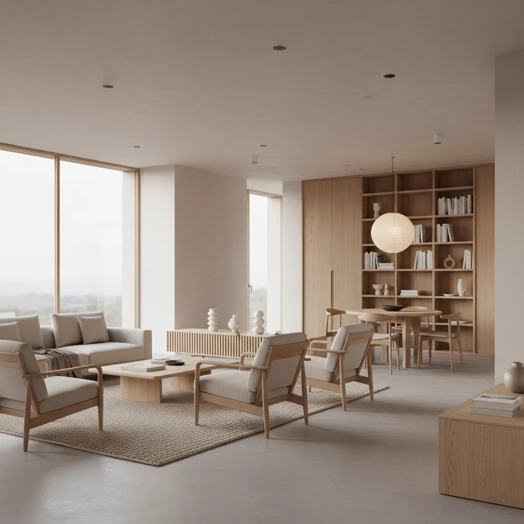 Interior que combina microcemento con muebles de madera clara