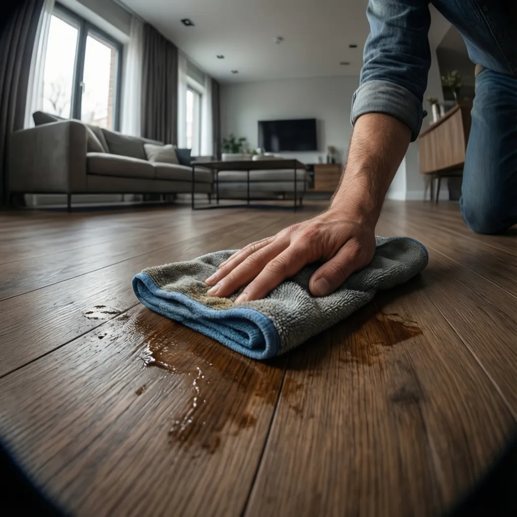 Blotting dye stain on hardwood floor with microfiber cloth technique