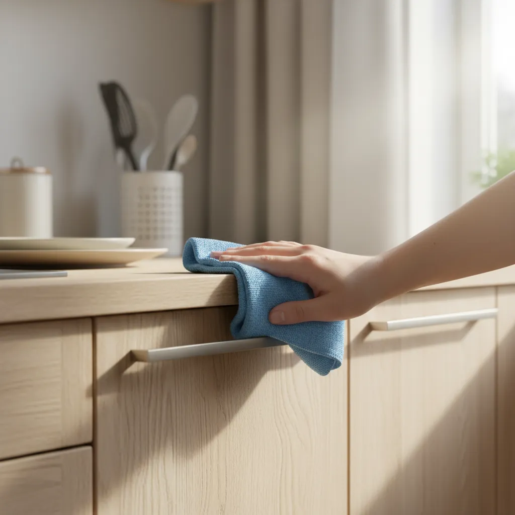 using microfiber cloth to remove smoke residue from cabinet door
