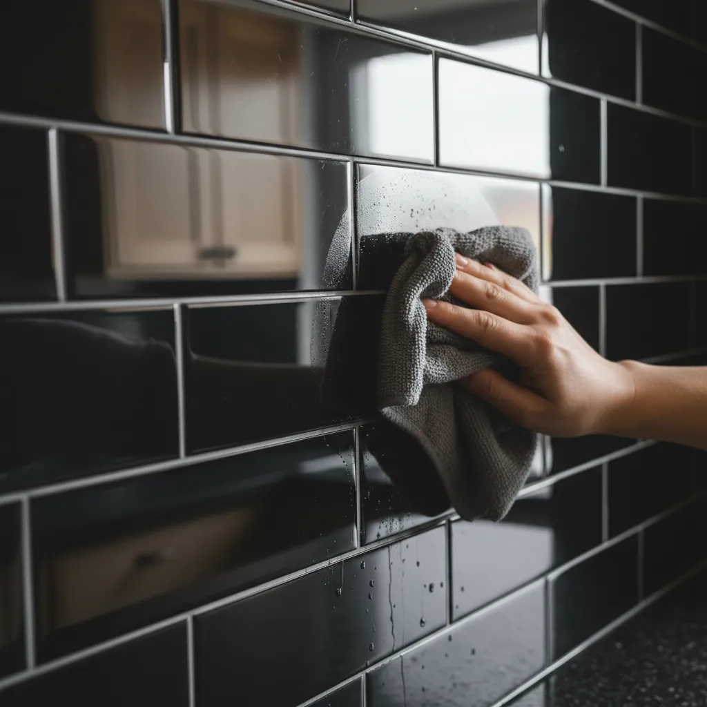 microfiber cloth cleaning glossy black tile backsplash in kitchen