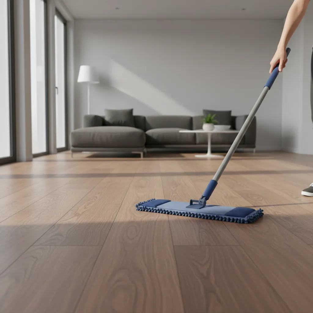 Microfiber dust mop cleaning engineered hardwood floor surface