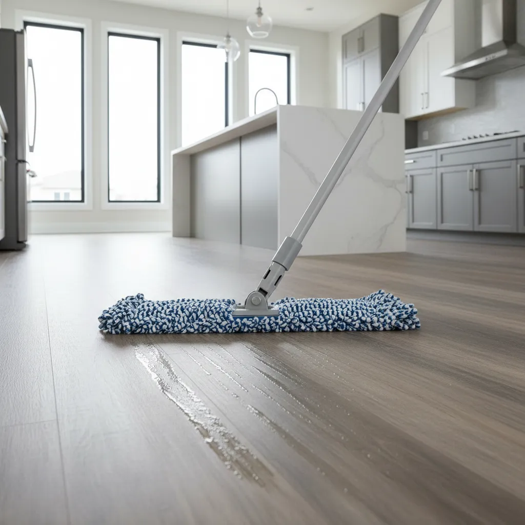 Microfiber mop cleaning luxury vinyl plank COREtec floor surface