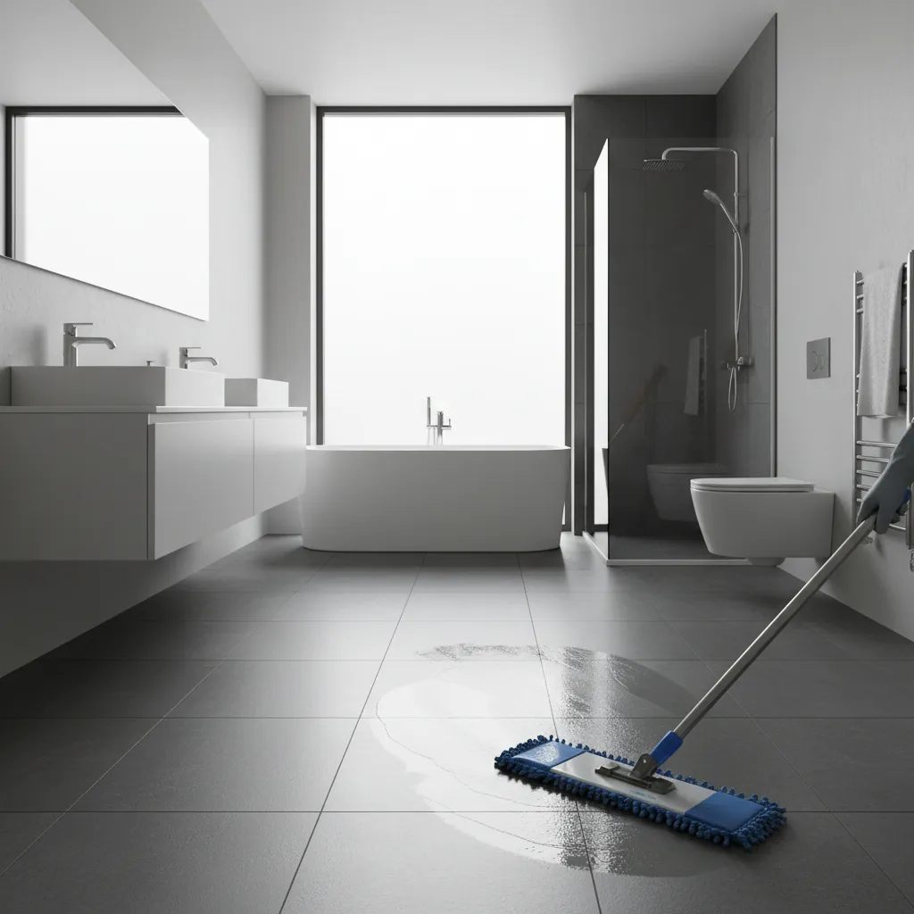 Cleaning dark bathroom tiles using microfiber mop to prevent streaks