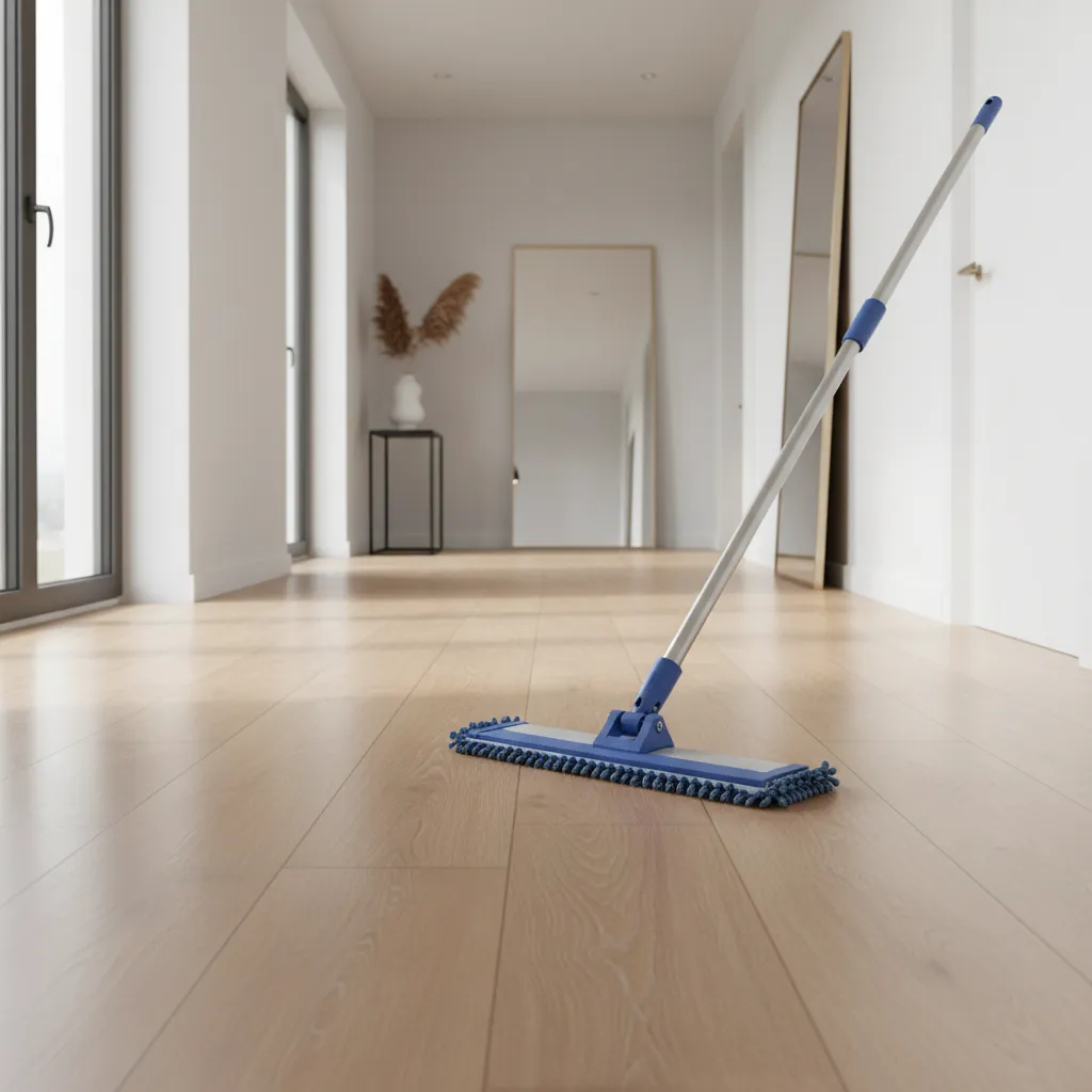 microfiber mop gently cleaning luxury vinyl plank flooring