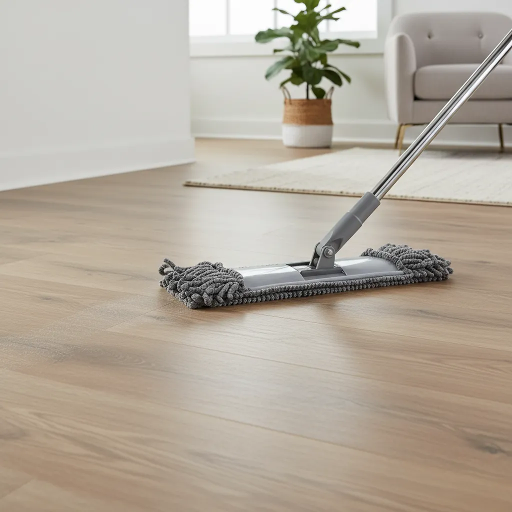 Microfiber mop cleaning luxury vinyl plank floor surface