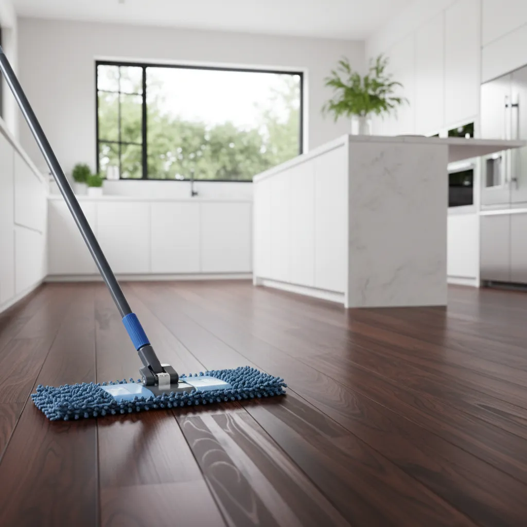Microfiber mop cleaning dark hardwood kitchen floor