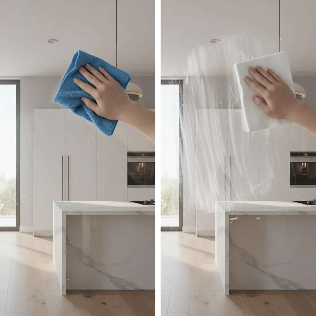 Comparison of microfiber cloth and paper towel cleaning kitchen glass