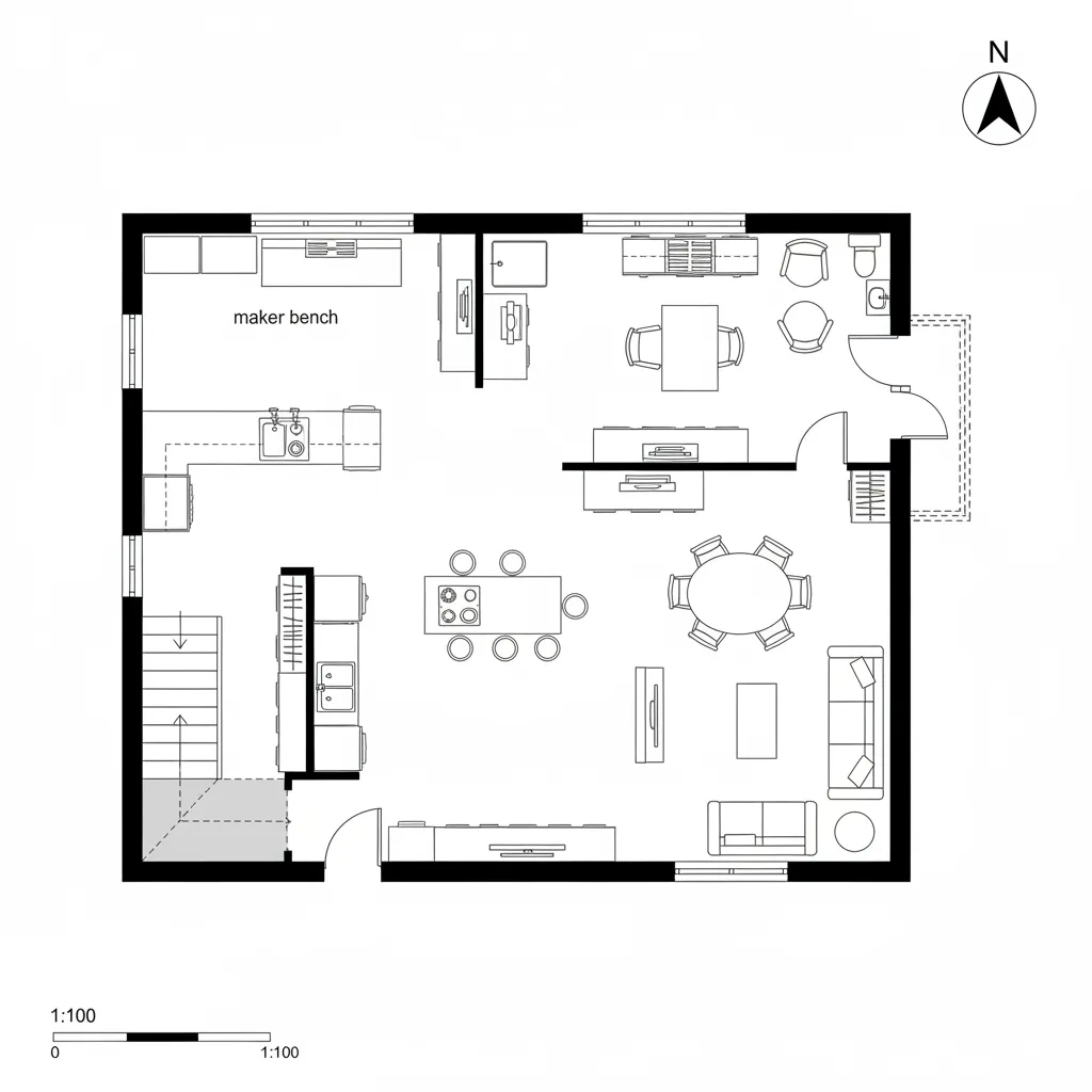 2D plan of L-shaped kitchen with island and open loft workspace above