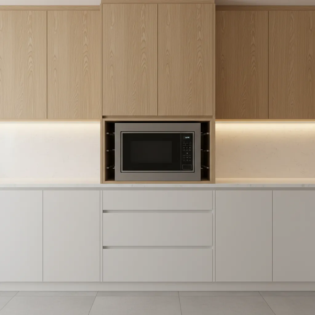 Microwave installed in a cabinet niche with ventilation gaps