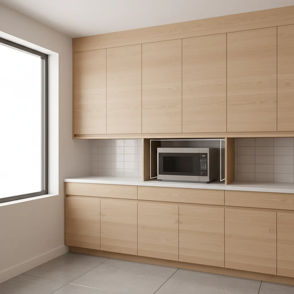 Microwave installed in cabinet cubby with ventilation clearance