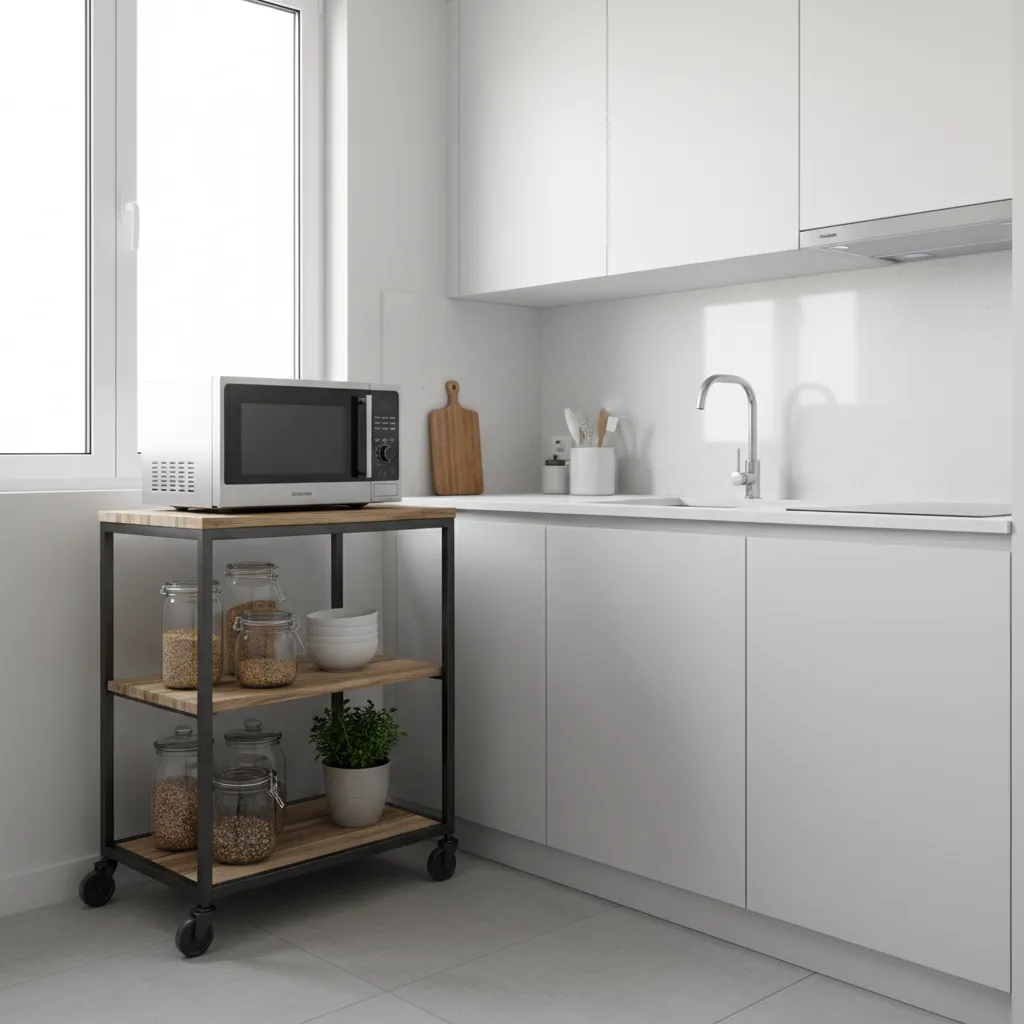 Compact kitchen using a microwave cart with storage shelves